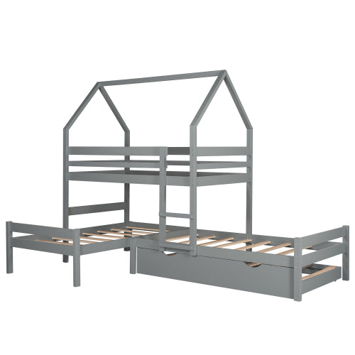 GFD Home - Twin over Twin over Twin Triple Bed Bunk bed with Trundle, Wooden House Bed with Twin size Trundle - Gray - LP000079AAE - GreatFurnitureDeal