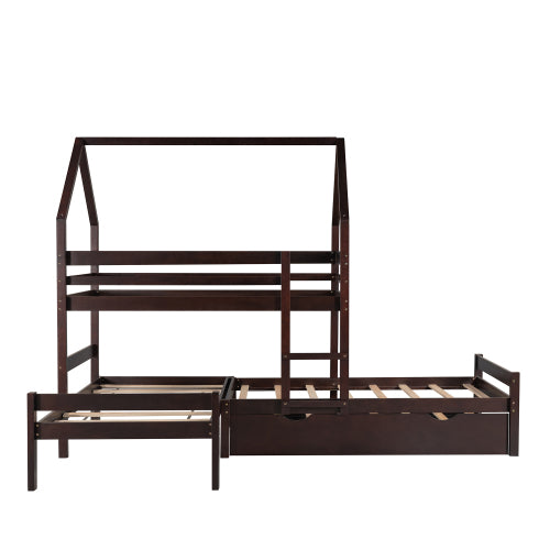 GFD Home - Twin over Twin over Twin Triple Bed Bunk bed with Trundle, Wooden House Bed with Twin size Trundle - Espresso - LP000079AAP - GreatFurnitureDeal