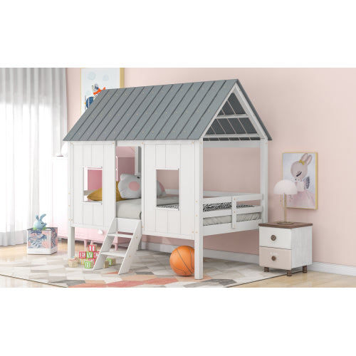 GFD Home - Twin Size Low Loft House Bed with Roof and Two Front Windows , White - SM000703AAK