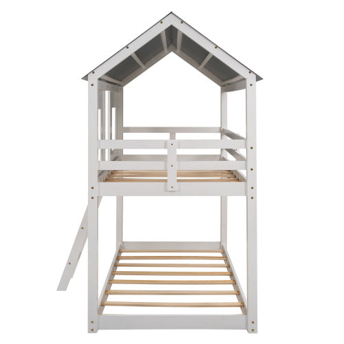 GFD Home - Twin over Twin Size Low Bunk Beds with Roof and Fence-shaped Guardrail, White - SM000702AAK