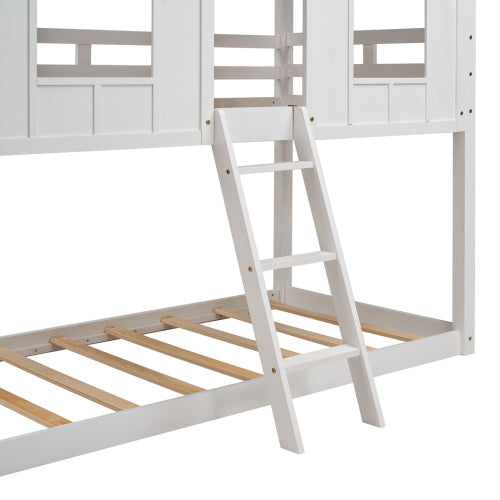 GFD Home - Twin over Twin Size Low Bunk Beds with Roof and Fence-shaped Guardrail, White - SM000702AAK - GreatFurnitureDeal