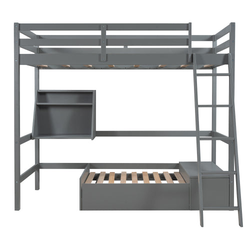 GFD Home - Twin Size Loft Bed Wood Bed with Convertible Lower Bed, Storage Drawer and Shelf in Gray - LP000073AAE - GreatFurnitureDeal
