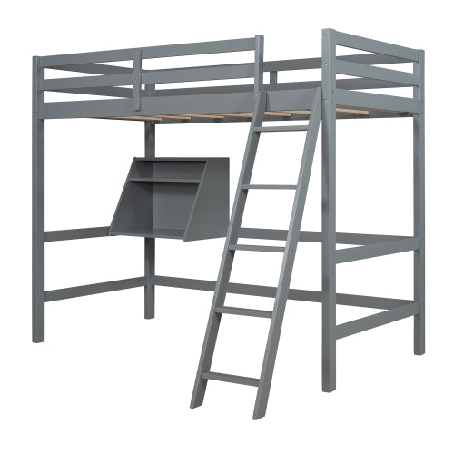 GFD Home - Twin Size Loft Bed Wood Bed with Convertible Lower Bed, Storage Drawer and Shelf in Gray - LP000073AAE