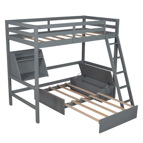 GFD Home - Twin Size Loft Bed Wood Bed with Convertible Lower Bed, Storage Drawer and Shelf in Gray - LP000073AAE