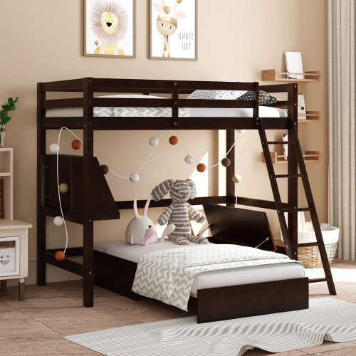 GFD Home - Twin Size Loft Bed Wood Bed with Convertible Lower Bed, Storage Drawer and Shelf in Espresso - LP000073AAP