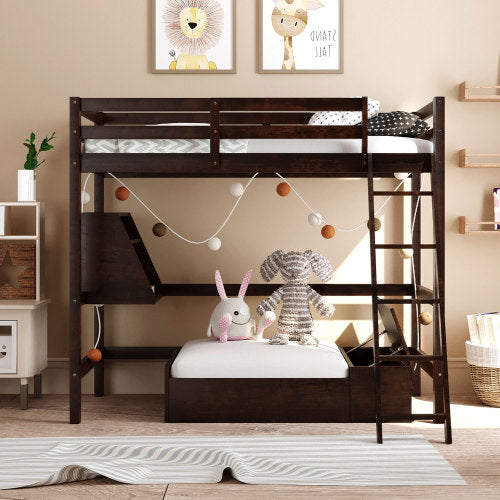 GFD Home - Twin Size Loft Bed Wood Bed with Convertible Lower Bed, Storage Drawer and Shelf in Espresso - LP000073AAP