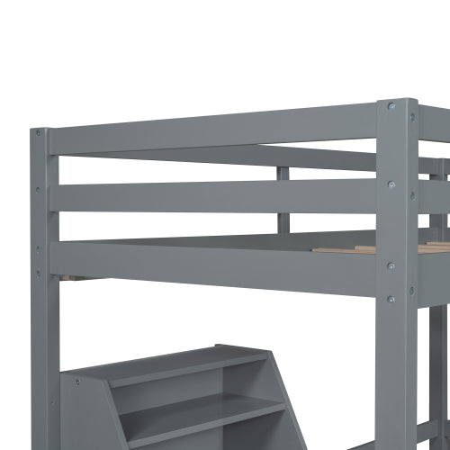 GFD Home - Twin Size Loft Bed Wood Bed with Convertible Lower Bed, Storage Drawer and Shelf in Gray - LP000073AAE - GreatFurnitureDeal