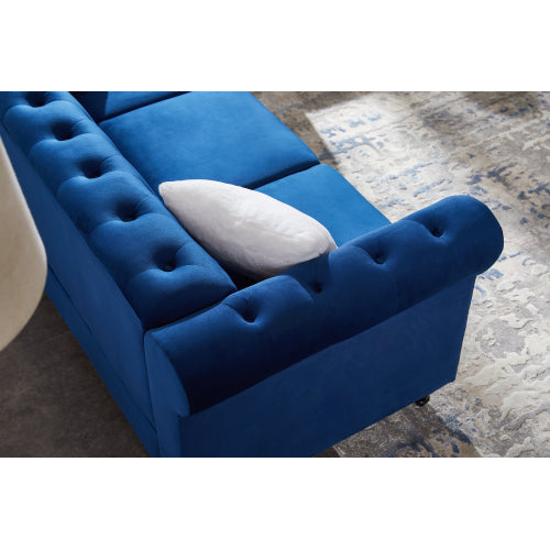 GFD Home - 3-seater sofa with button and copper nail on arms and back, two white villose pillow, velvet Blue - W487S00014