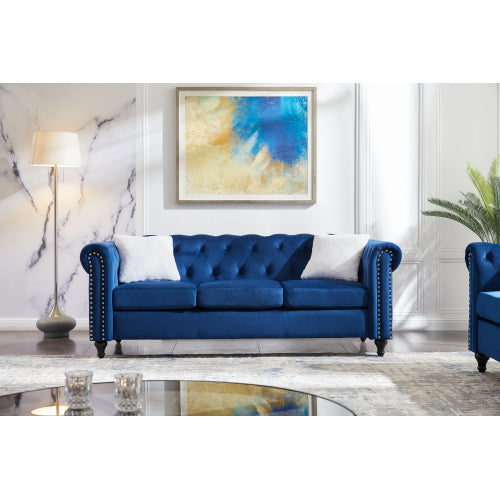 GFD Home - 3-seater sofa with button and copper nail on arms and back, two white villose pillow, velvet Blue - W487S00014 - GreatFurnitureDeal