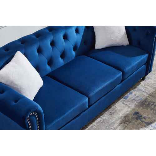 GFD Home - 3-seater sofa with button and copper nail on arms and back, two white villose pillow, velvet Blue - W487S00014 - GreatFurnitureDeal