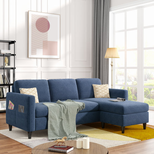 GFD Home - Reversible Sectional Sofa with Handy Side Pocket，Living Room L-Shape 3-Seater Couch with Modern Linen Fabric in Blue - WF281313AAC - GreatFurnitureDeal