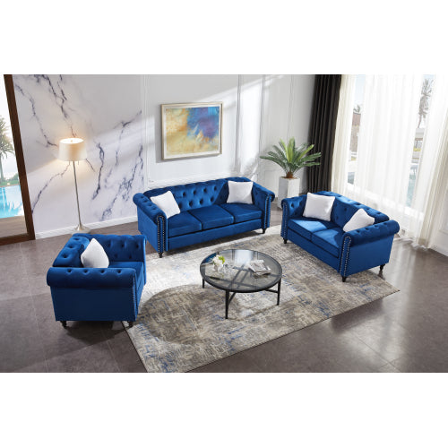 GFD Home - 3 Piece Living Room Sofa Set, including 3-seater sofa, loveseat and sofa chair, with button and copper nail on arms and back - W487S00028 - GreatFurnitureDeal