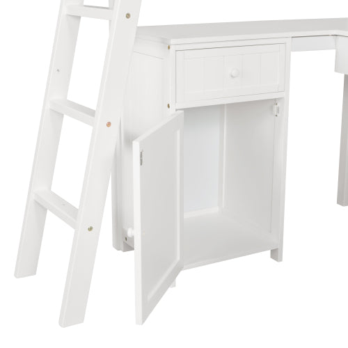 GFD Home - Twin size Loft Bed with Drawers, Cabinet, Shelves and Desk, Wooden Loft Bed with Desk - White - LP000505AAK