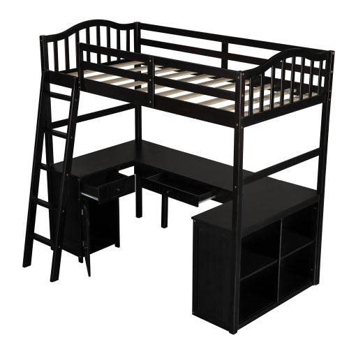 GFD Home - Twin size Loft Bed with Drawers, Cabinet, Shelves and Desk, Wooden Loft Bed with Desk - Espresso - LP000505AAP