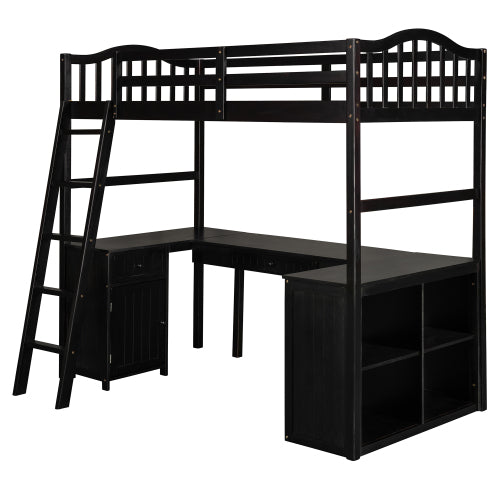 GFD Home - Twin size Loft Bed with Drawers, Cabinet, Shelves and Desk, Wooden Loft Bed with Desk - Espresso - LP000505AAP