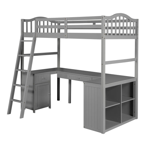 GFD Home - Twin size Loft Bed with Drawers, Cabinet, Shelves and Desk, Wooden Loft Bed with Desk - Gray - LP000505AAE - GreatFurnitureDeal