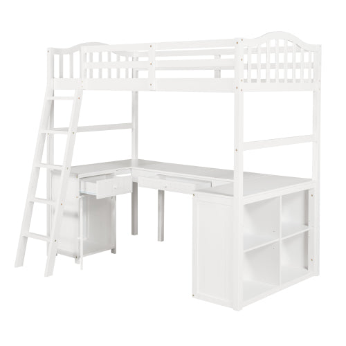 GFD Home - Twin size Loft Bed with Drawers, Cabinet, Shelves and Desk, Wooden Loft Bed with Desk - White - LP000505AAK