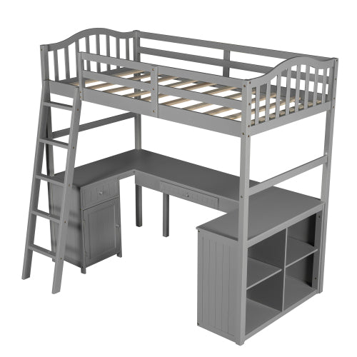 GFD Home - Twin size Loft Bed with Drawers, Cabinet, Shelves and Desk, Wooden Loft Bed with Desk - Gray - LP000505AAE