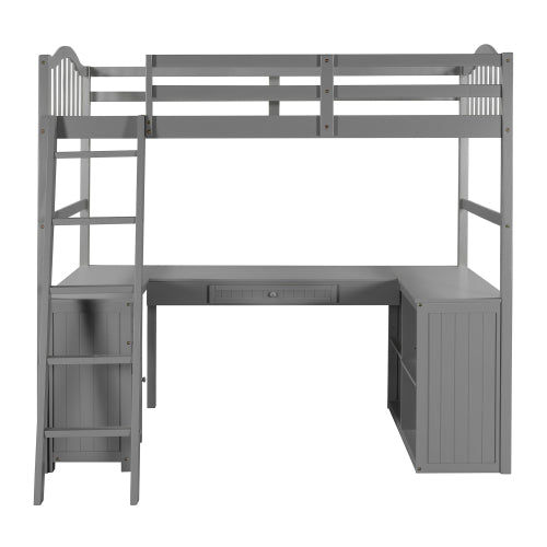 GFD Home - Twin size Loft Bed with Drawers, Cabinet, Shelves and Desk, Wooden Loft Bed with Desk - Gray - LP000505AAE