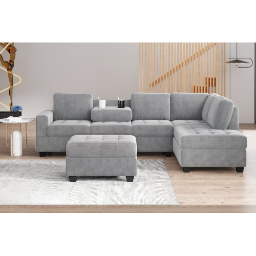GFD Home - Sectional Sofa with Reversible Chaise, L Shaped Couch Set with Storage Ottoman in Gray - SG000410AAA