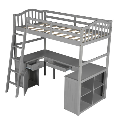 GFD Home - Twin size Loft Bed with Drawers, Cabinet, Shelves and Desk, Wooden Loft Bed with Desk - Gray - LP000505AAE - GreatFurnitureDeal