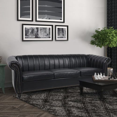 GFD Home - Chairone House 84'' Black PU Rolled Arm Chesterfield Three Seater Sofa - W68031442