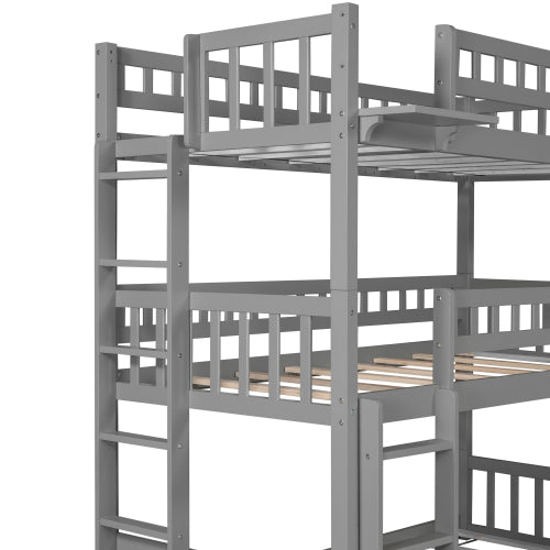 GFD Home - Twin Over Twin Over Twin Bed, L-shaped Bunk Bed, Pine Wood Bed Frame, Gray - SM000224AAE - GreatFurnitureDeal