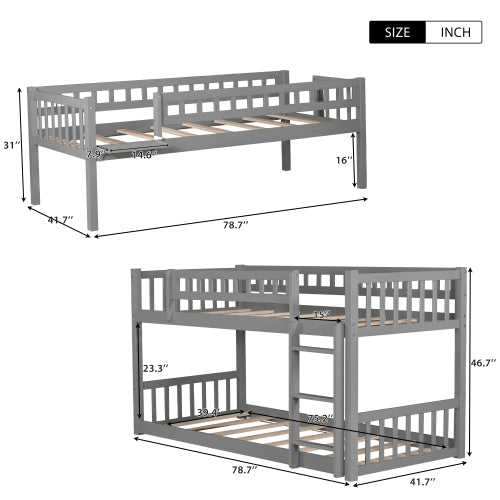 GFD Home - Twin Over Twin Over Twin Bed, L-shaped Bunk Bed, Pine Wood Bed Frame, Gray - SM000224AAE