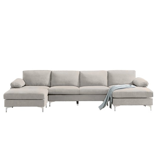 GFD Home - RELAX LOUNGE U-Shaped Convertible Sectional Sofa Light Grey Fabric with double chaise