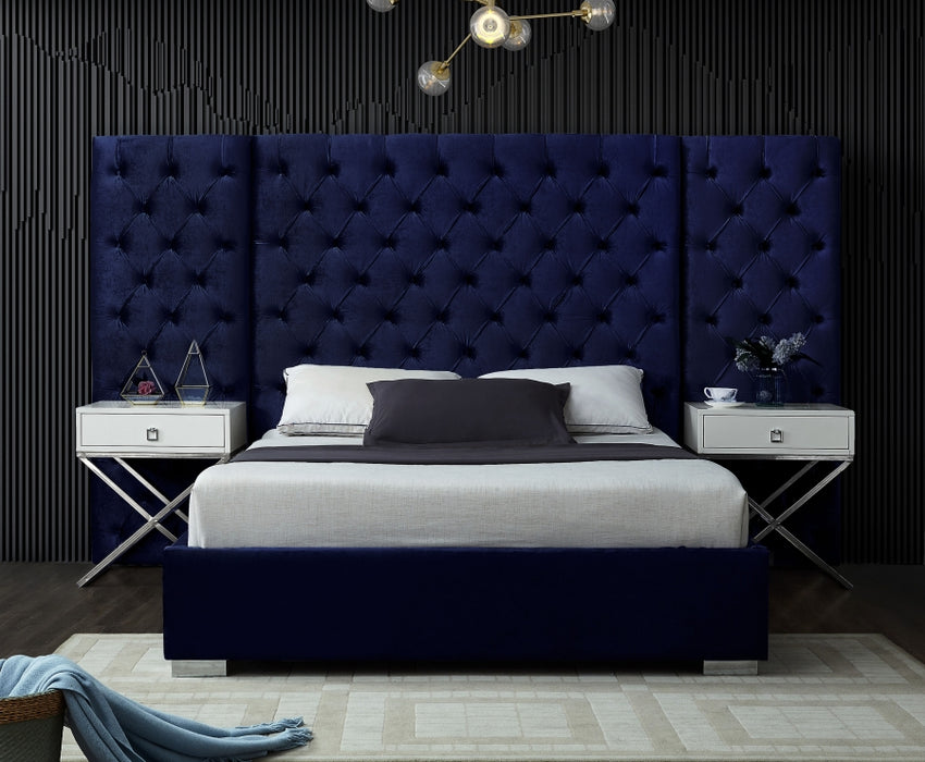 Meridian Furniture - Grande Velvet Queen Bed in Navy - GrandeNavy-Q - GreatFurnitureDeal