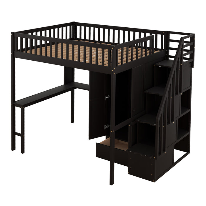 GFD Home - Full size Loft Bed with Bookshelf,Drawers,Desk,and Wardrobe-Espresso - GreatFurnitureDeal