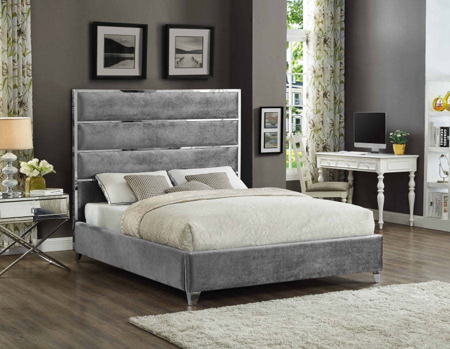 Meridian Furniture - Zuma Velvet Queen Bed in Grey - ZumaGrey-Q