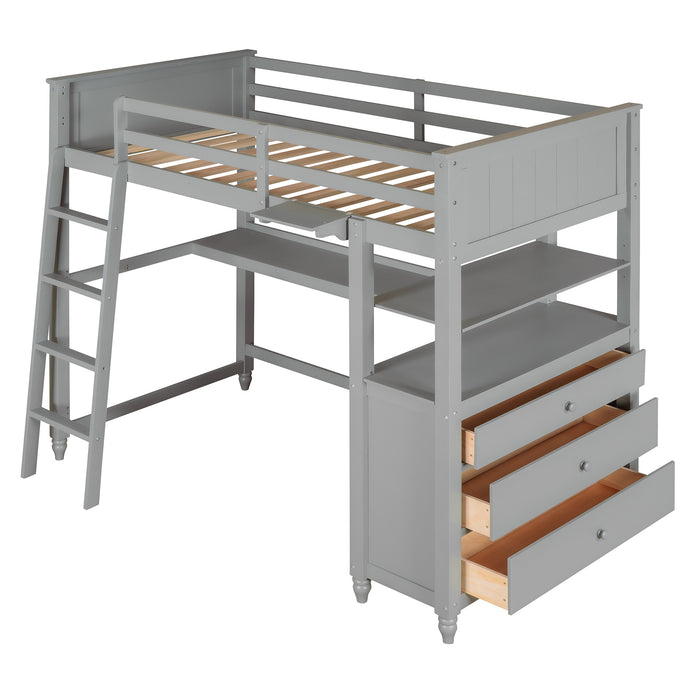 GFD Home - Twin size Loft Bed with Drawers and Desk, Wooden Loft Bed with Shelves - Gray(OLD SKU: LP000530AAE) - GreatFurnitureDeal