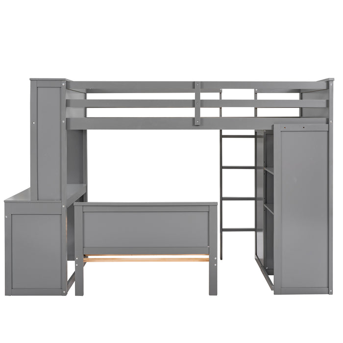 GFD Home - Twin size Loft Bed with a Stand-alone bed, Shelves,Desk,and Wardrobe-Gray - GreatFurnitureDeal