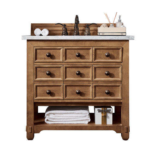 James Martin Furniture - Malibu 36" Single Vanity Cabinet, Honey Alder, w- 3 CM Eternal Jasmine Pearl Quartz Top - 500-V36-HON-3EJP - GreatFurnitureDeal