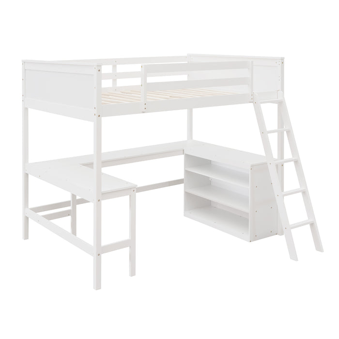 GFD Home - Full size Loft Bed with Shelves and Desk, Wooden Loft Bed with Desk - White - GreatFurnitureDeal