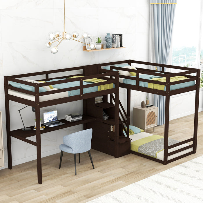 GFD Home - L-Shaped Twin Size Bunk Bed and Loft Bed with Built-in Middle Staircase and Desk,Espresso - GreatFurnitureDeal