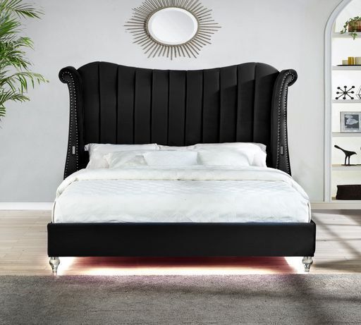 GFD Home - Tulip Queen Upholstery Bed made with Wood in Black - GreatFurnitureDeal