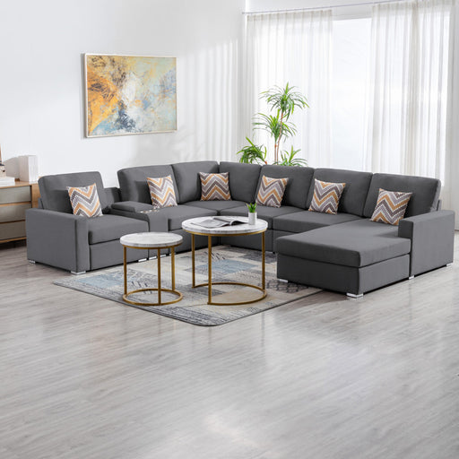 GFD Home - Nolan Gray Linen Fabric 7Pc Reversible Chaise Sectional Sofa with a USB, Charging Ports, Cupholders, Storage Console Table and Pillows and Interchangeable Legs - GreatFurnitureDeal