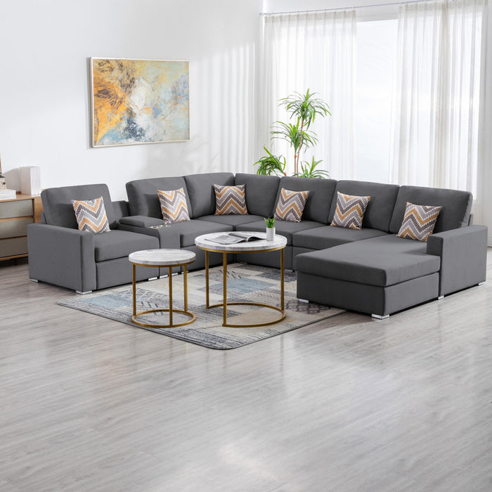 GFD Home - Nolan Gray Linen Fabric 7Pc Reversible Chaise Sectional Sofa with a USB, Charging Ports, Cupholders, Storage Console Table and Pillows and Interchangeable Legs - GreatFurnitureDeal