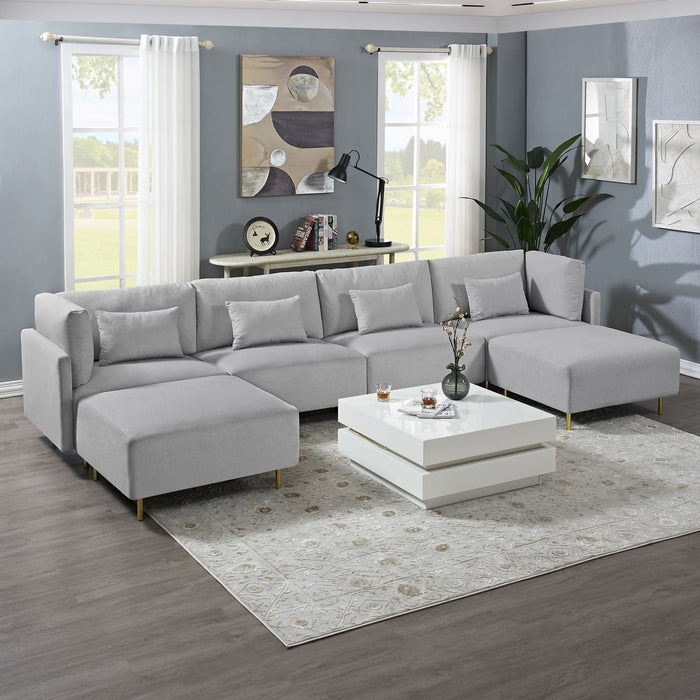 GFD Home - Modern Luxury Sectional Sofa Couch Quality Upholstery U Shape Sofa Golden Metal Leg with Convertible Ottoman Chaise Grey - GreatFurnitureDeal