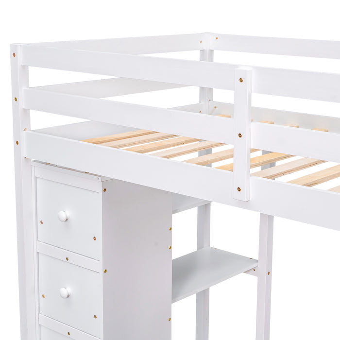 GFD Home - Twin size Loft Bed with Storage Drawers ,Desk and Stairs, Wooden Loft Bed with Shelves - White - GreatFurnitureDeal