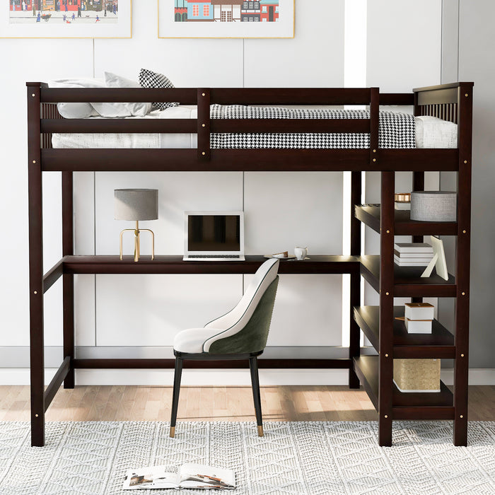 GFD Home - Full Size Loft Bed with Storage Shelves and Under-bed Desk, Espresso(OLD SKU:SM000246AAP-1) - GreatFurnitureDeal