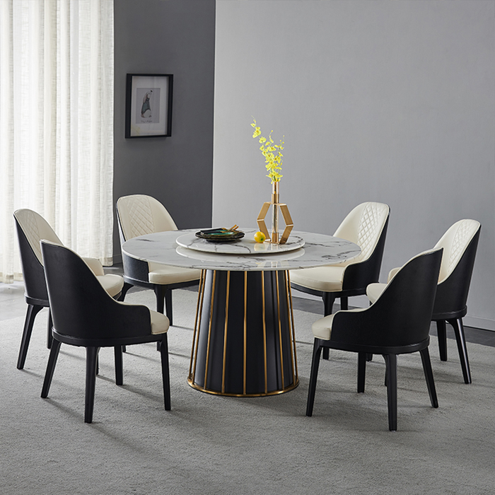 GFD Home - Modern White Round Marble Tabletop Dining Table with Lazy Susan, Black and Gold Leg, Dining Room Table for 6-8, 51" - GreatFurnitureDeal