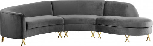 Meridian Furniture - Serpentine 3 Piece Sectional Velvet in Grey - 671Grey-Sectional - GreatFurnitureDeal