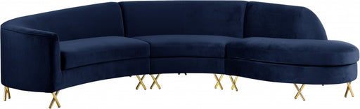 Meridian Furniture - Serpentine 3 Piece Sectional Velvet in Navy - 671Navy-Sectional - GreatFurnitureDeal