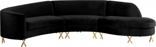 Meridian Furniture - Serpentine 3 Piece Sectional Velvet  in Black - 671Black-Sectional - GreatFurnitureDeal