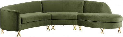 Meridian Furniture - Serpentine 3 Piece Sectional Velvet in Olive - 671Olive-Sectional - GreatFurnitureDeal