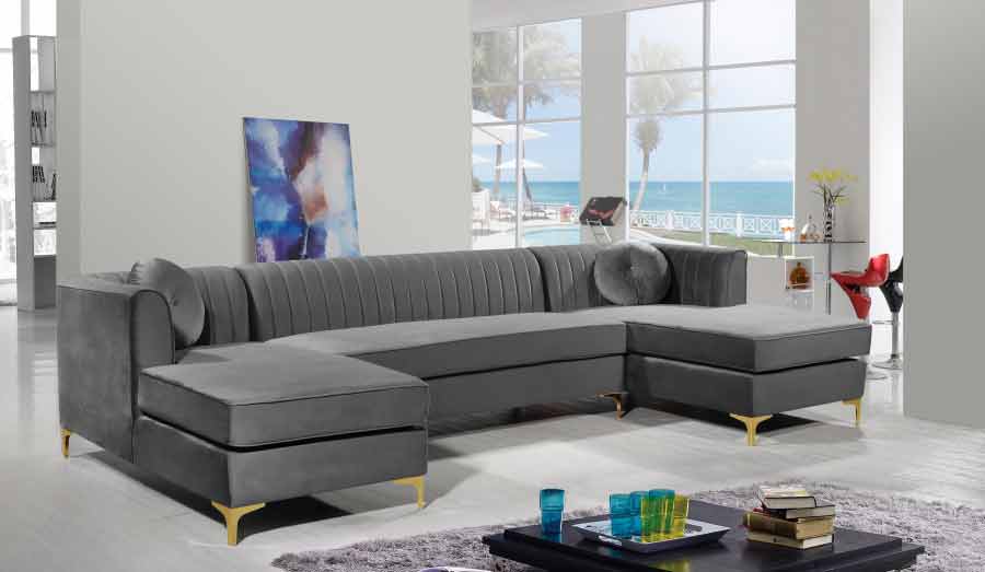 Meridian Furniture - Graham Velvet 3 Piece Sectional in Grey - 661Grey-Sectional