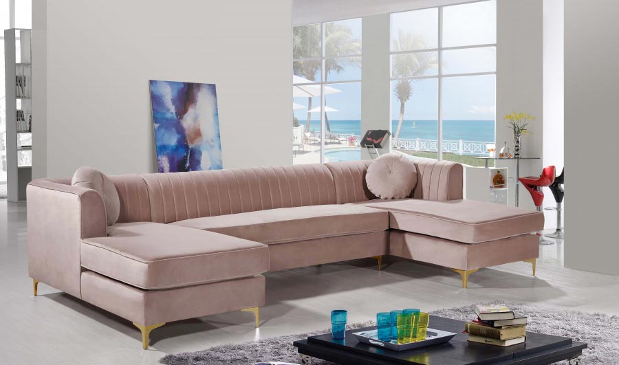 Meridian Furniture - Graham Velvet 3 Piece Sectional in Pink - 661Pink-Sectional - GreatFurnitureDeal